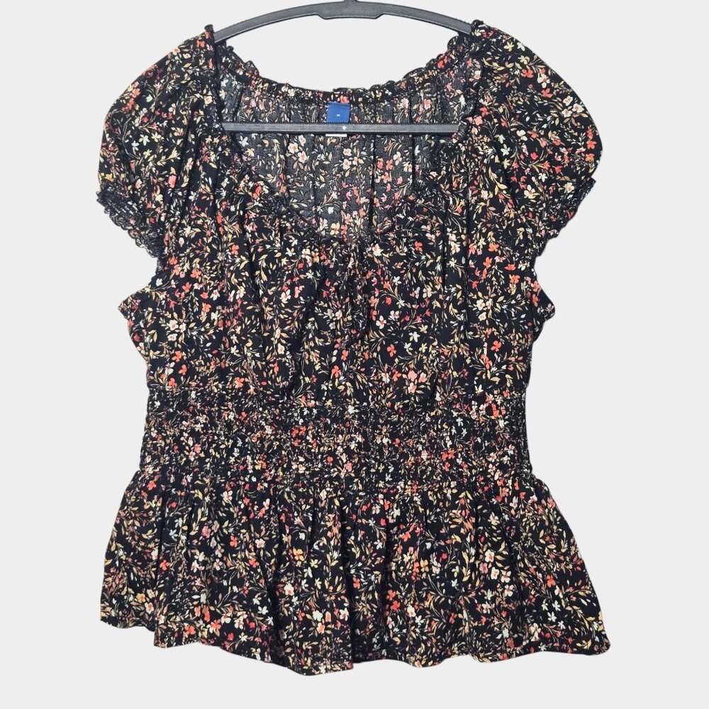 Old Navy Babydoll Milkmaid Smocked Waist Floral Top M Black Feminine Coquette